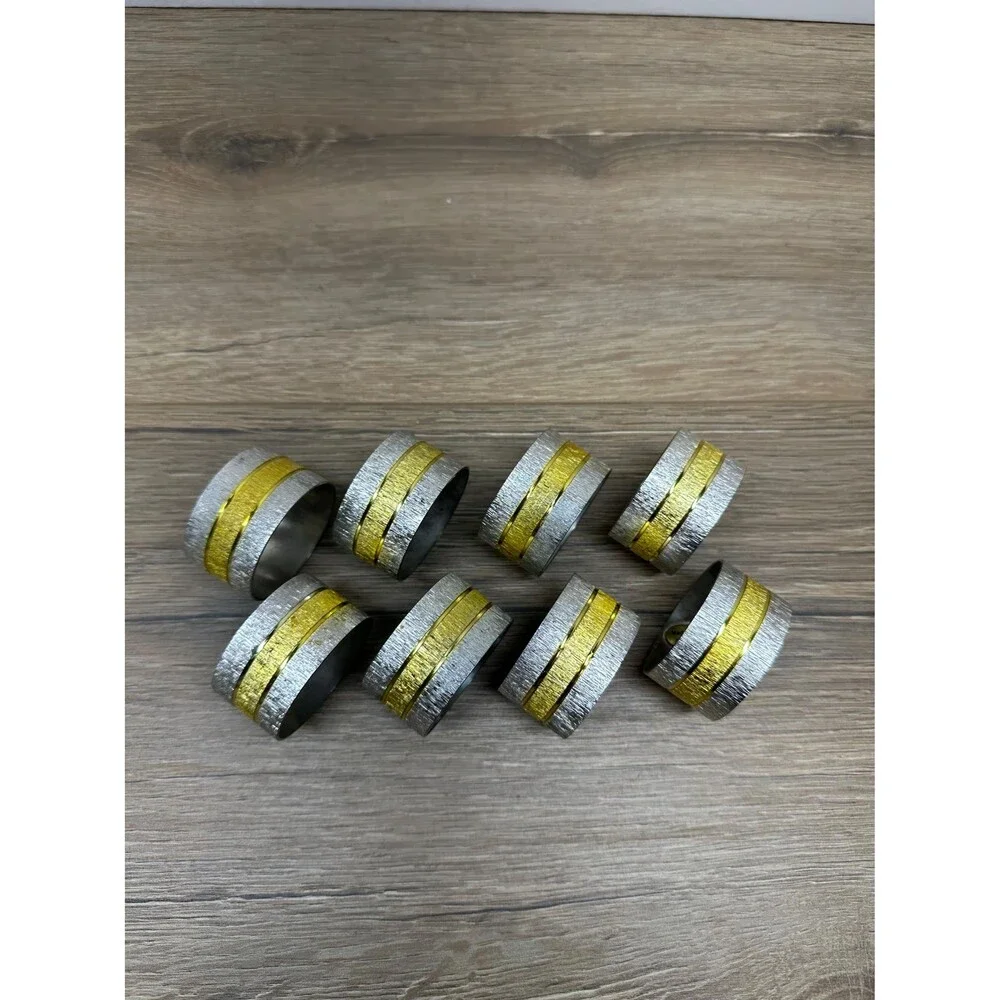 Vintage Mixed Metal Brushed Texture Napkin Rings Silver and Gold Set of 8